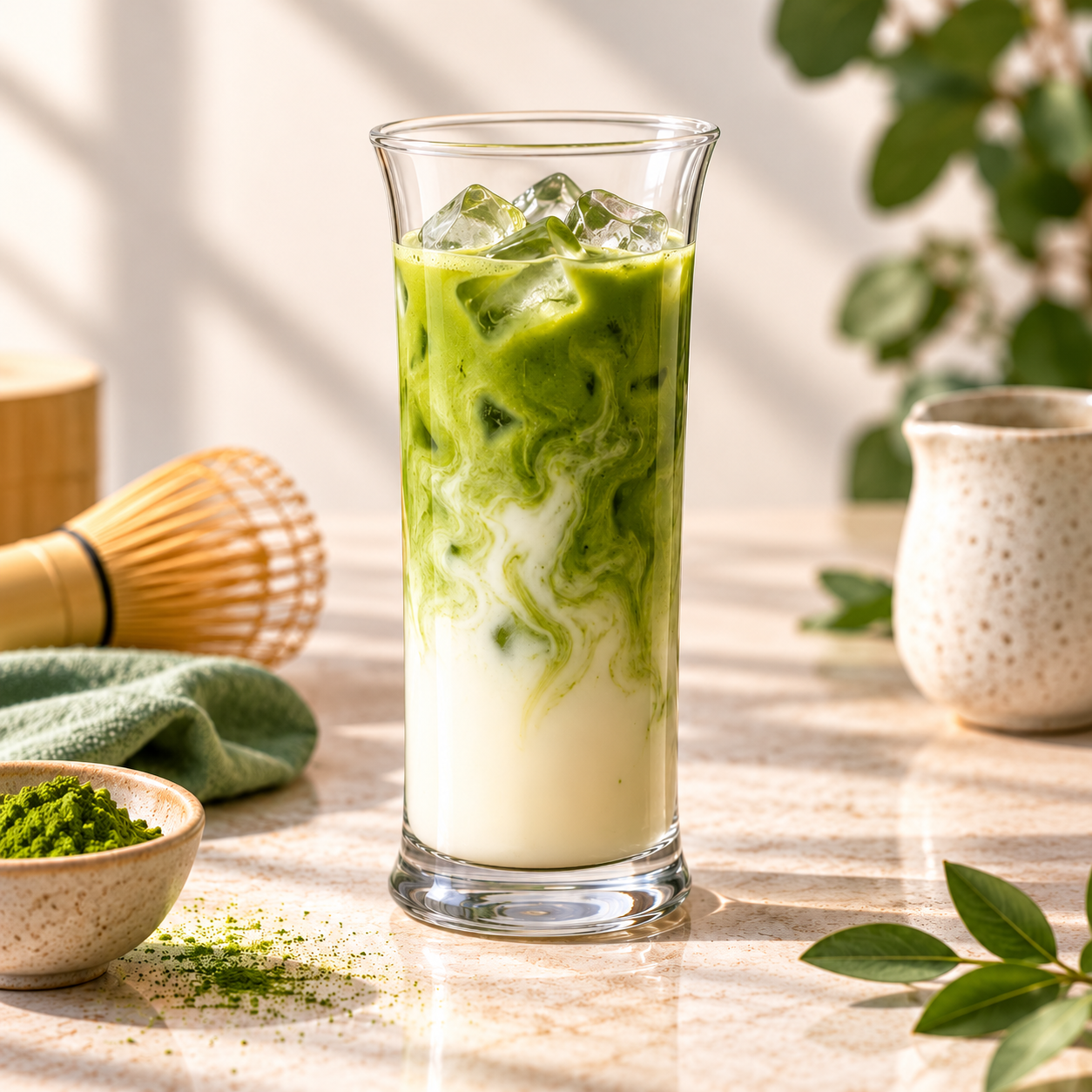 Ľadové matcha latte v prirodzenom svetle